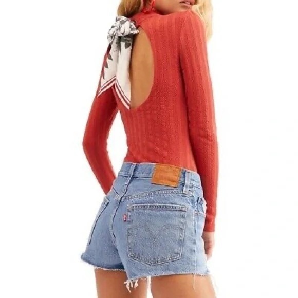 Free People Tops - Free People Red Open Back Scarf Tie Long Sleeve Top S‎ Mock Neck Boho Festival